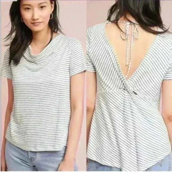 Anthropologie Maeve Horizon 100% Linen Scoop Neck Shirt Blouse Navy White Small - Picture 1 of 8